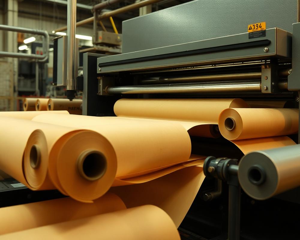 Rollos de papel kraft alimentando corrugador